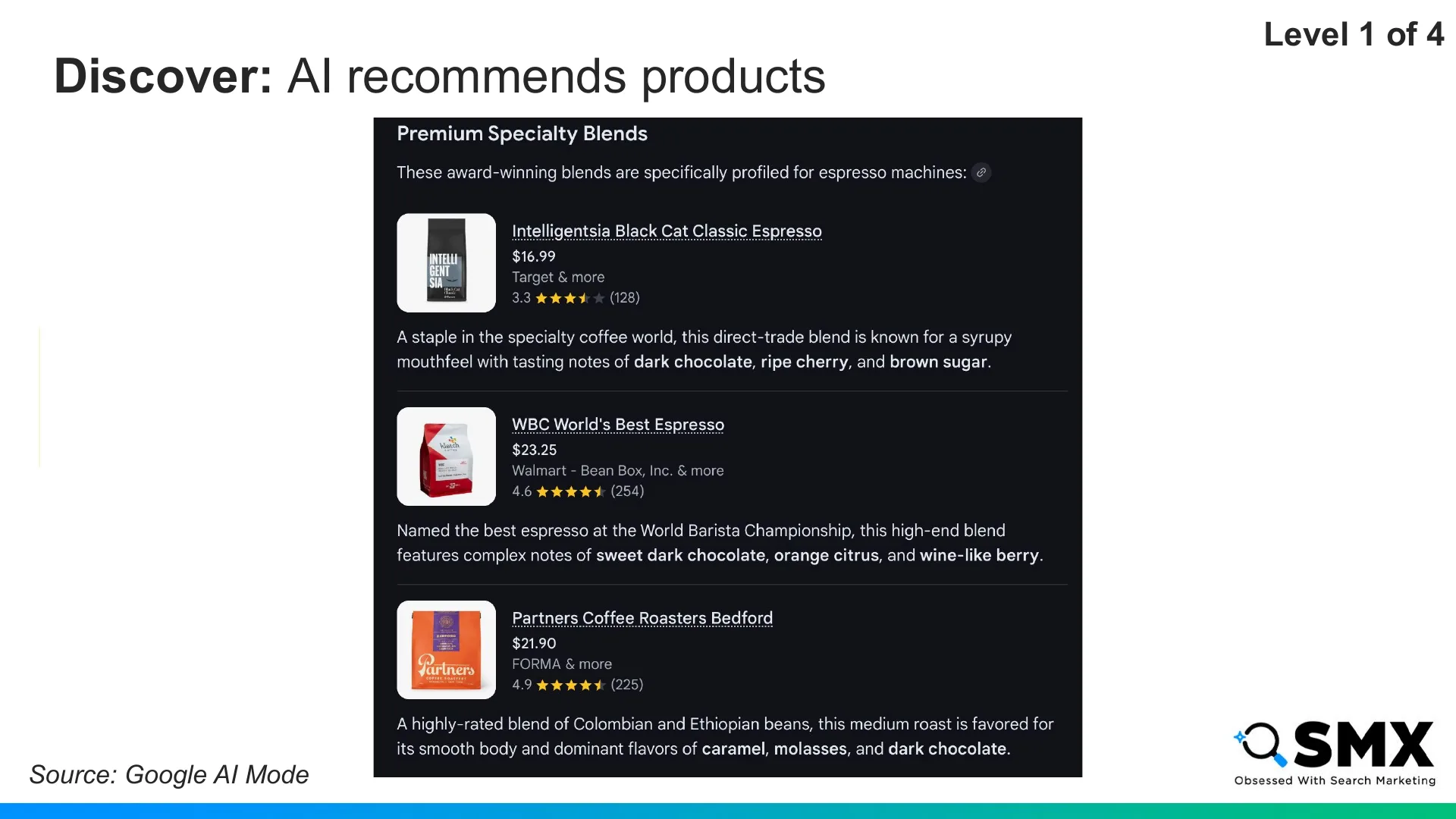 Slide 13: Discover: AI recommends products Level 1 of 4 Source: Google AI Mode