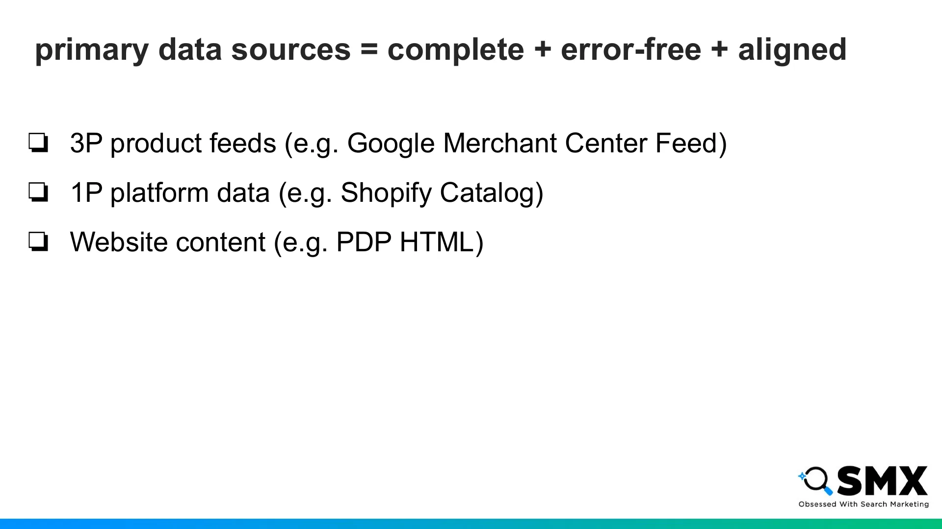 Slide 38: primary data sources = complete + error-free + aligned 3P product feeds (e.g.